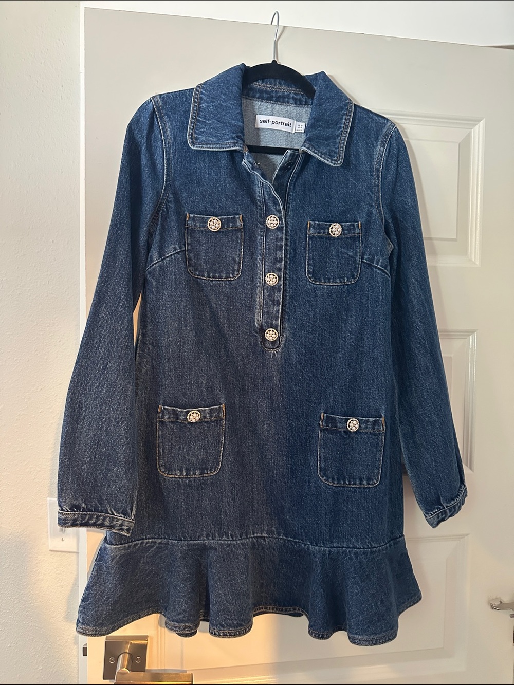 Self-Portrait Indigo Denim Tunic Dress with Pocket Buttons